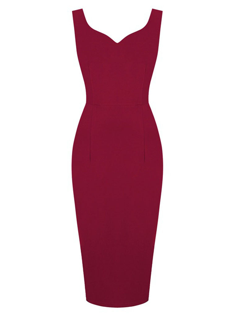 Solid Color Sweet Heart Collar 1950S Vintage Bodycon Dress, Wine Red / M