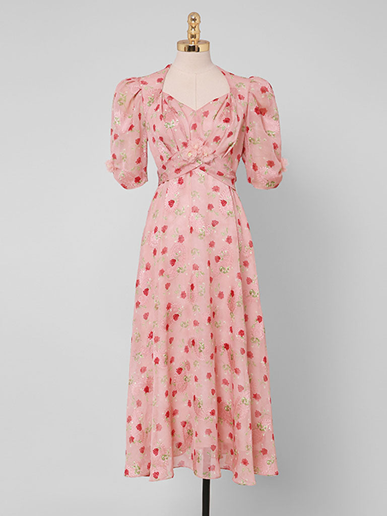 white christmas dresses Pink Rose Floral Chiffon Vintage Style 1950s Dress, White / L