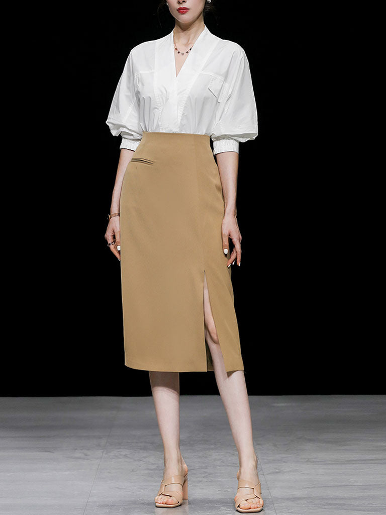 2PS V Neck White Shirt And Khaki Split Sexy Bodycon Skirt Suit Jolly Vintage 2PS V Neck White Shirt And Khaki Split Sexy Bodycon Skirt Suit Jolly Vintage