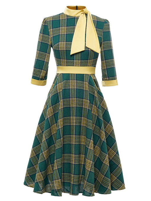 Green And Yellow Plaid 3/4 Sleeve 1950S Cotton Vintage Dress With Tie Collar