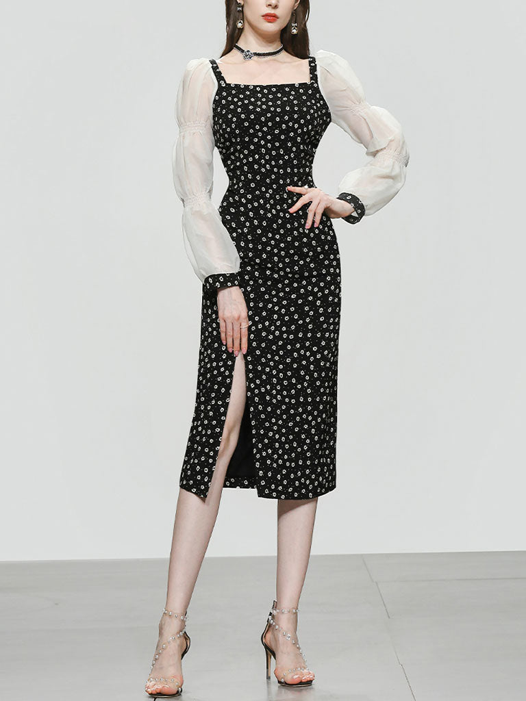 black and white daisy dress Print Split Straight With Long Sleeve, Black / M Dress Code Black Tie YGroup_AW-PD-11363 Primary color:White Made for women who