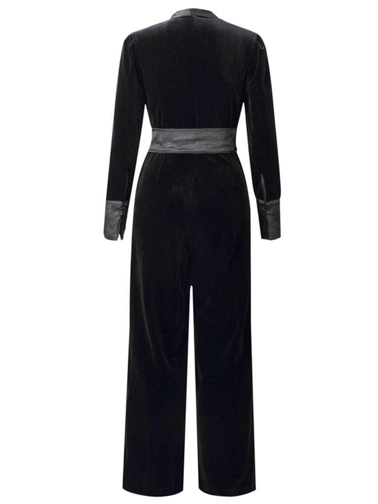 Deep V Neck Black Velvet Women's Jumpsuit Vintage Rompers – Jolly