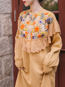 Embroidered Flower Puff Sleeve Vintage Knitting Sweater Dress