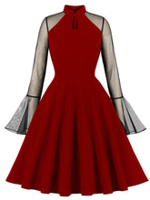 Load image into Gallery viewer, Wine Red Stand Collar Semi-Sheer Trumpet Sleeve 1950S Vintage Dress