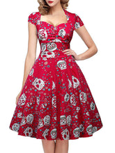 Load image into Gallery viewer, Halloween Red Skull Printed V Neck Vintage Dress
