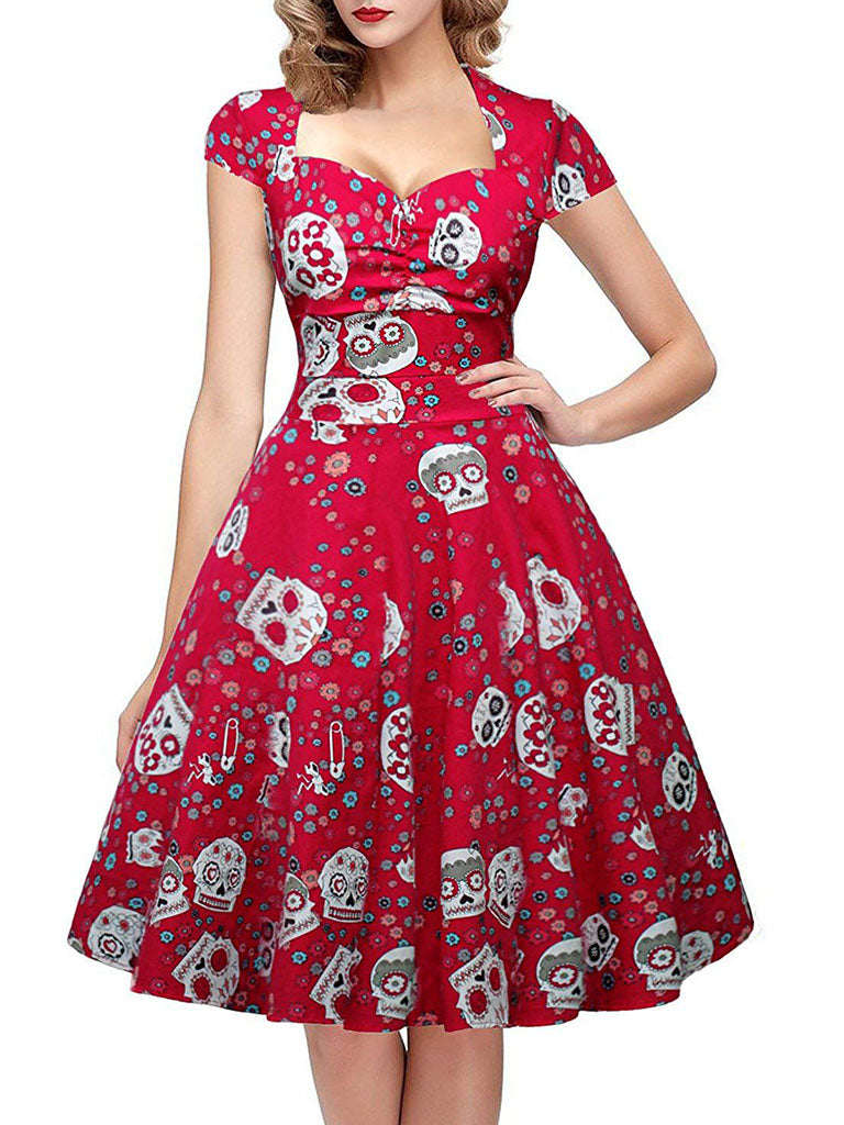 skull retro dress Patlollav Beautiful Summer Maxi Dress for Women Plus Size, Skull Lace Print Long Sleeve Bandage Retro Dress
