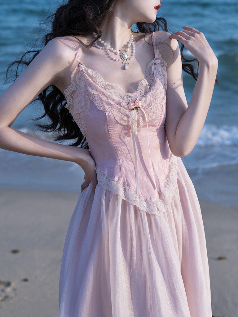 Pink Lace Corset Spaghetti Strap 1950S Vintage Dress Pink / XS