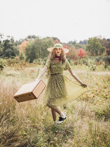 Green Daisy Puff Sleeve Smocking Chiffon 1950S Vintage Dress
