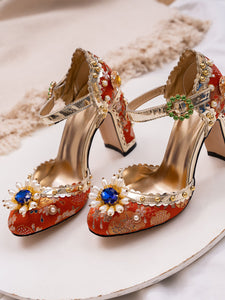 10CM Luxury Flower Chunky Heels Retro Shoes