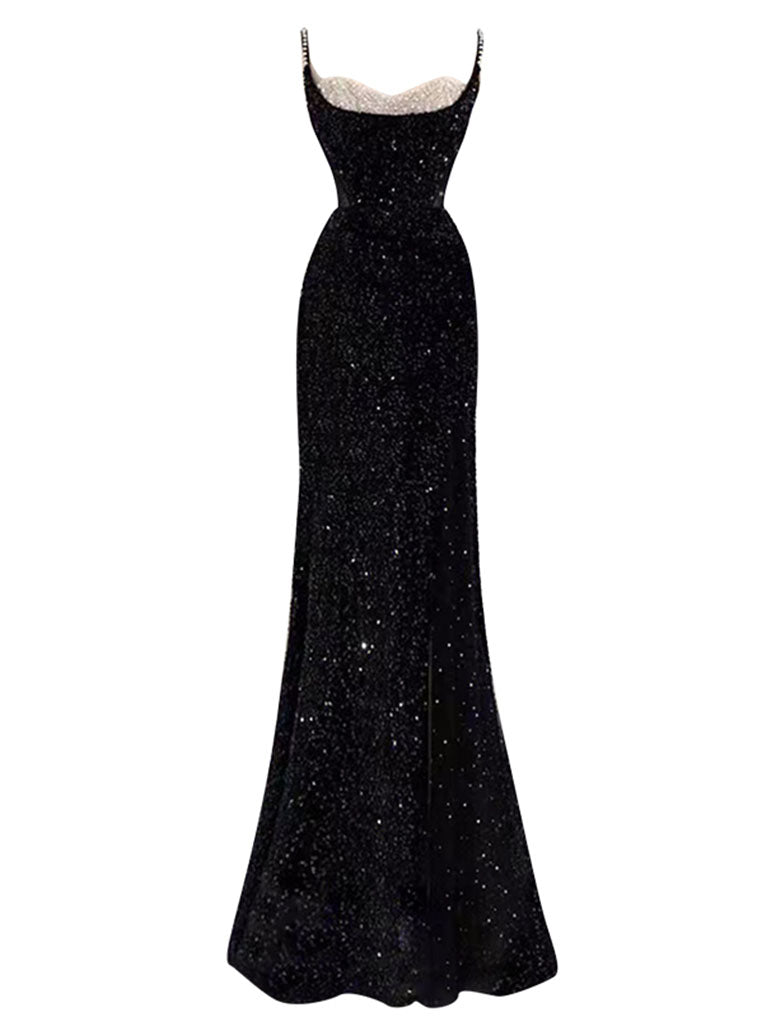 Black Spaghetti Strap Sequined Mesh Slit Sexy Gown Party Dress