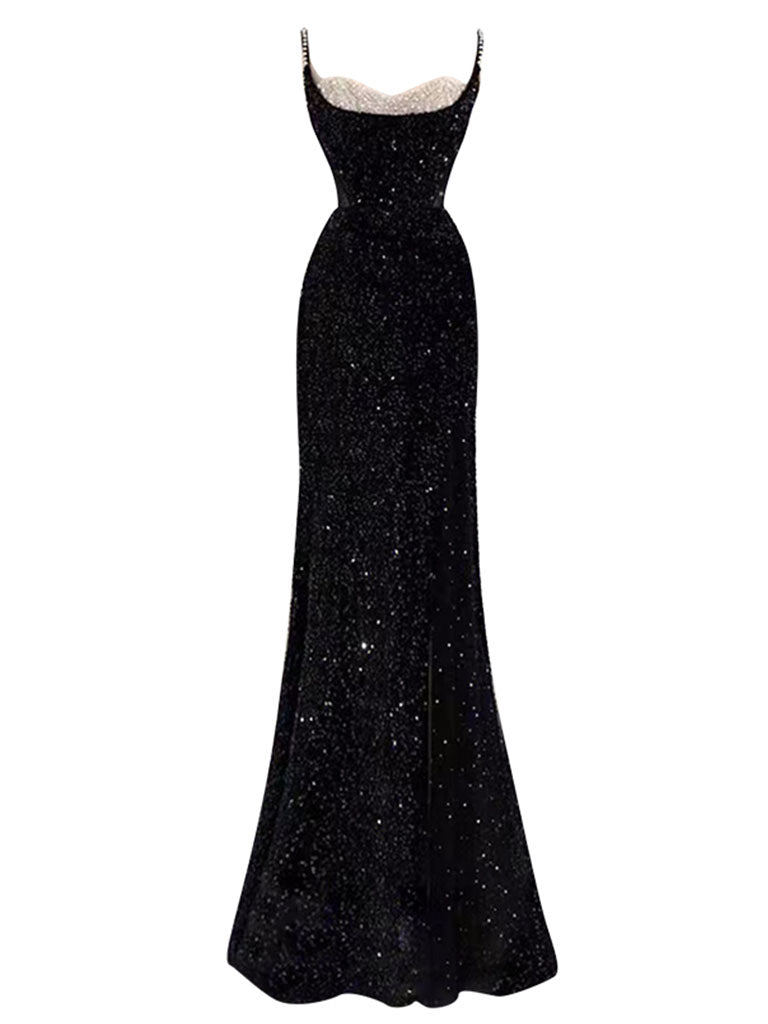 Black Spaghetti Strap Sequined Mesh Slit Sexy Gown Party Dress With Gl Jolly Vintage Black Spaghetti Strap Sequined Mesh Slit Sexy Gown Party Dress With Gl Jolly Vintage