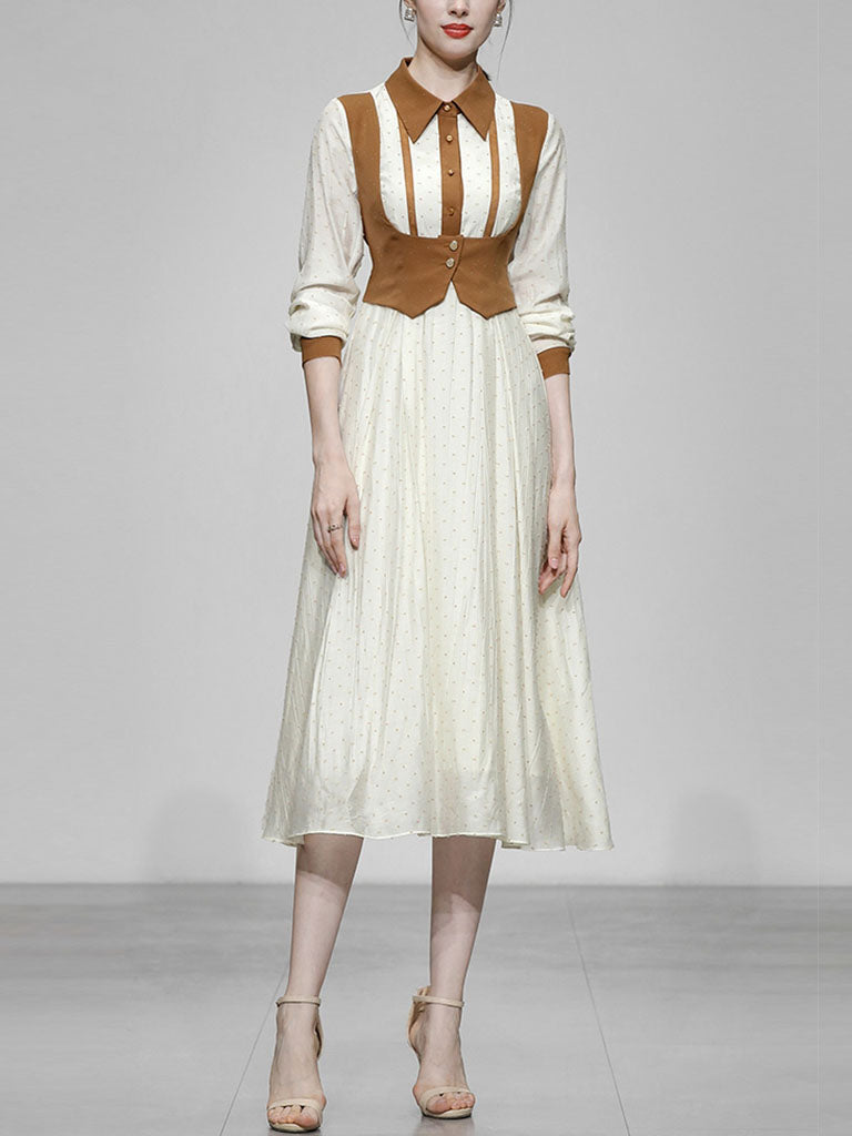 1950S Apricot Polka Dots Fake Two Piece With Khaki Vest Vintage Dress Apricot / M