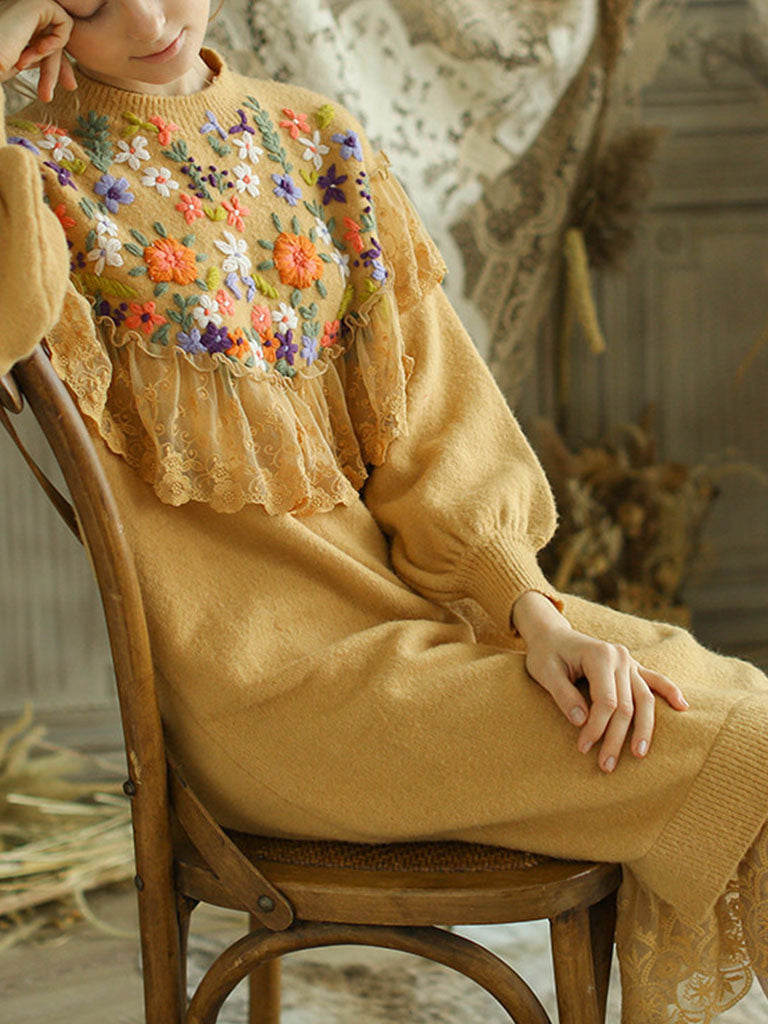 Embroidered Flower Puff Sleeve Vintage Knitting Sweater Dress Jolly Vintage Embroidered Flower Puff Sleeve Vintage Knitting Sweater Dress Jolly Vintage