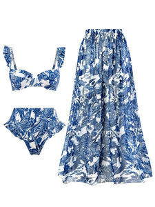 Blue Floral Print Retro Style Strap Bikini Two Piece With Bathing Suit Swing Skirt