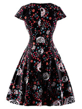 Load image into Gallery viewer, Halloween Red Skull Printed V Neck Vintage Dress