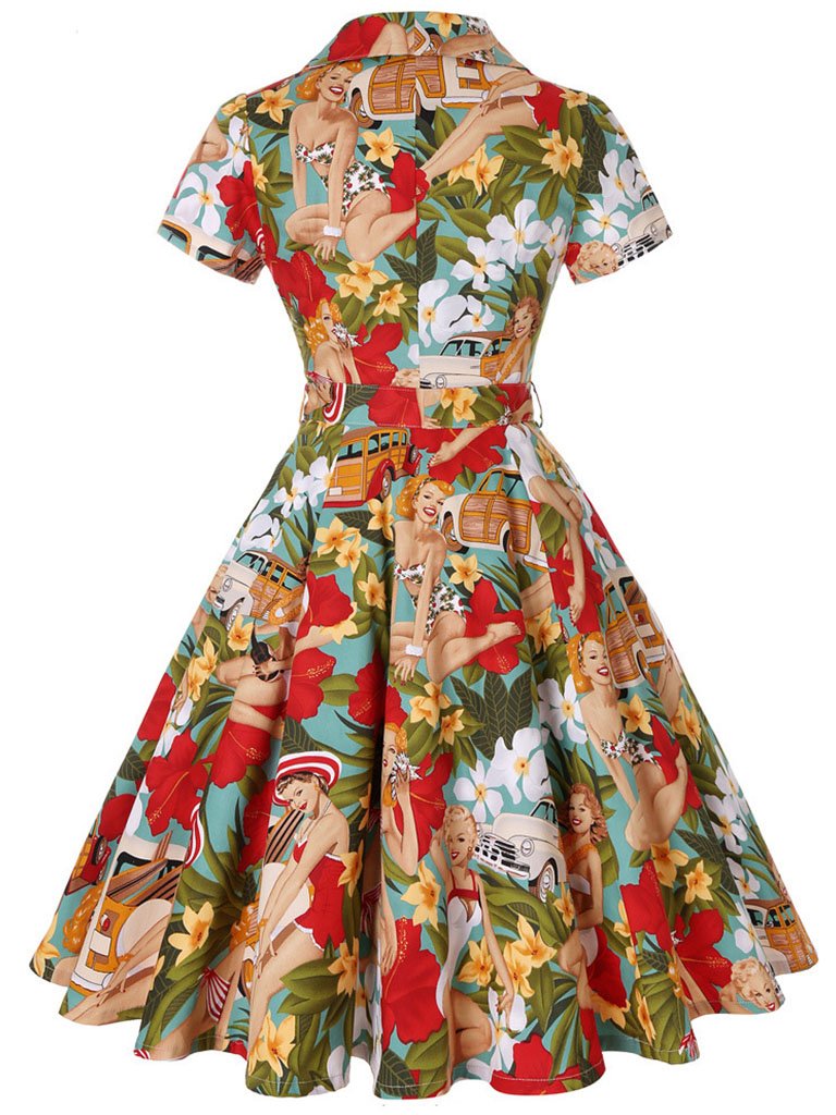 1960S Floral Print Swing Vintage Dress With Belt Red / L 1960S Floral Print Swing Vintage Dress With Belt Red / L