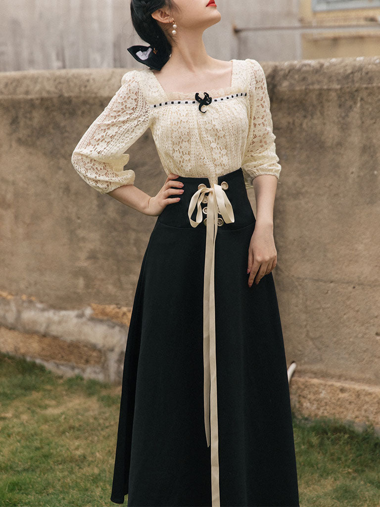 2PS White Lace Top And Black Skrit Dress Suit – Jolly Vintage