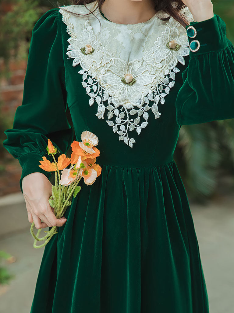 Emerald Green Flower Lace Velvet Long Sleeve Vintage Dress – Jolly