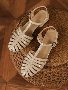 Women's Flats Sandals Pointed Toe Hollow Belt Leather Vintage Shoes