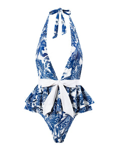 Blue Dragonfly Print V Neck One Piece With Bathing Suit Swing Skirt