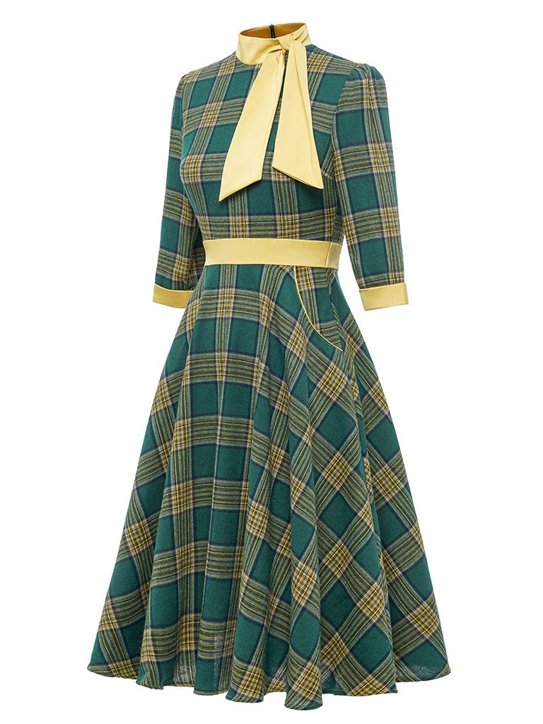 Green and Yellow Plaid 3/4 Sleeve 1950s Cotton Vintage Dress with Tie Collar, Green / S Green and Yellow Plaid 3/4 Sleeve 1950s Cotton Vintage Dress with Tie Collar, Green / S