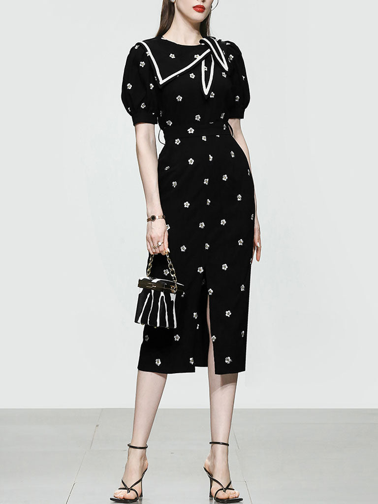 1940s midi dress Black Embroidered Flowers Puff Sleeve 1940S Split Vintage Dress – Jolly  Vintage