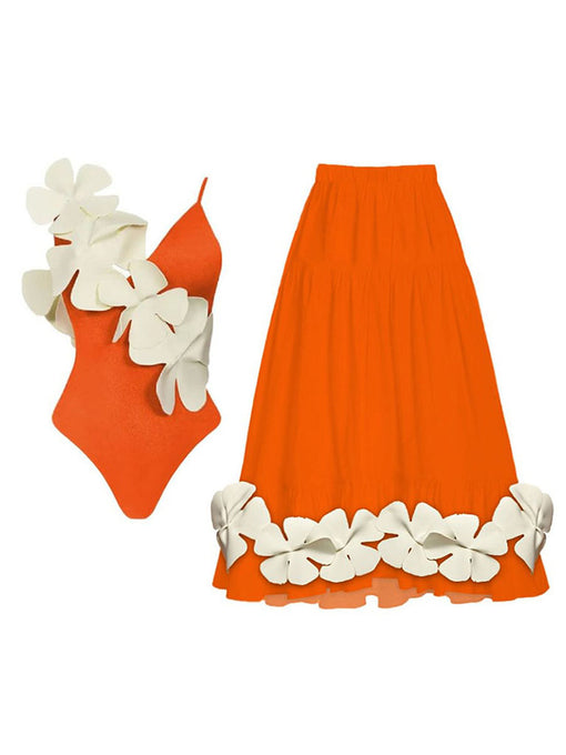 Orange And White Flower One Piece With Bathing Suit Swing Skirt
