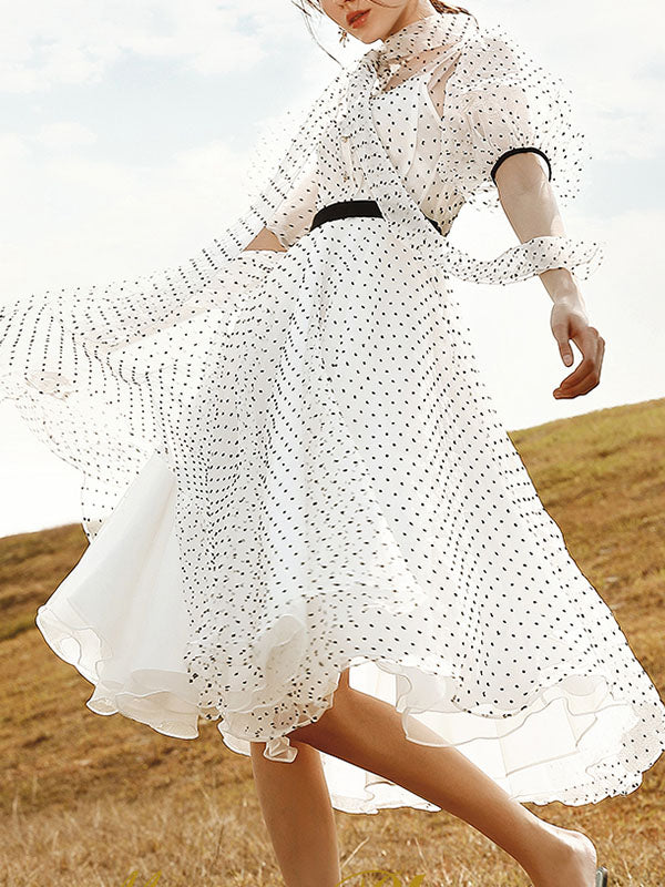white fifties dress White Polka Dots Puff Sleeve 50S Dress White / S