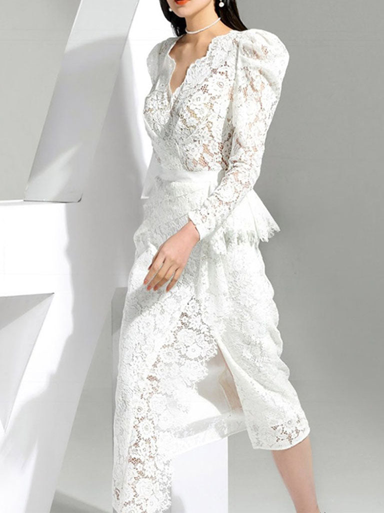 Christmas White V Neck Long Sleeve 1950s Lace Vintage Bodycon Dress, White / Xs