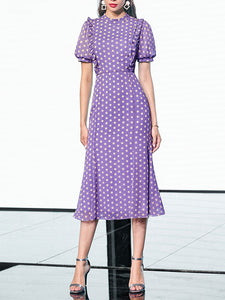 Purple Polka Dots Puff Sleeve Vintage Rapunzel Style Chiffon Dress