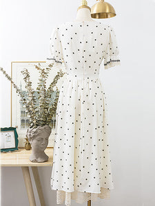 Lace V Neck Polka Dots Puff Sleeve Vintage Dress