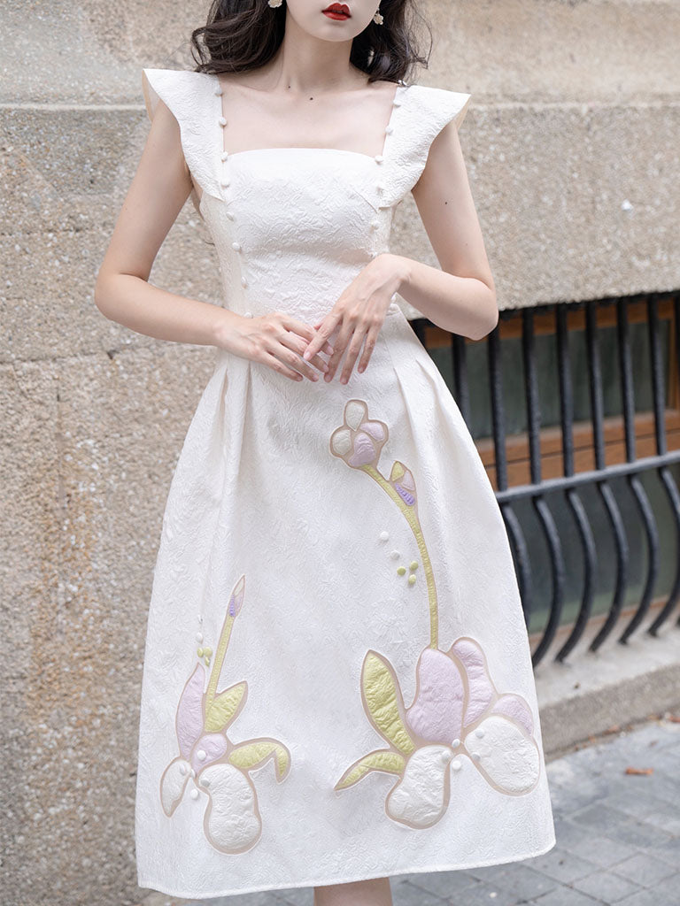 Apricot 3D Flower Butterfly Sleeve 1950S Party Vintage Dress, Apricot / XS