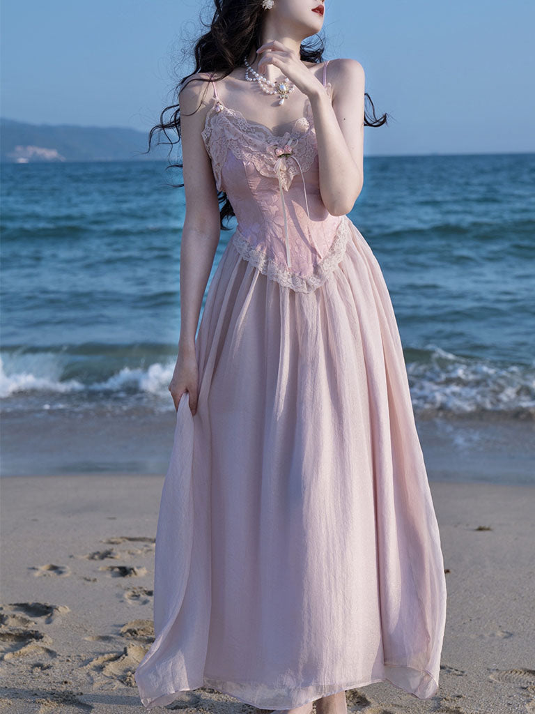 Pink Lace Corset Spaghetti Strap 1950S Vintage Dress Pink / XS Pink Lace Corset Spaghetti Strap 1950S Vintage Dress Pink / XS