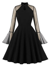 Load image into Gallery viewer, Wine Red Stand Collar Semi-Sheer Trumpet Sleeve 1950S Vintage Dress