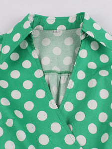 Green Elegant High Waist V Neck Short Sleeve Dots Vintage Dress