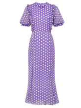 Load image into Gallery viewer, Blue Polka Dots Puff Sleeve Vintage Chiffon Dress
