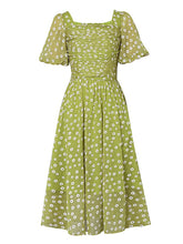 Load image into Gallery viewer, Green Daisy Puff Sleeve Smocking Chiffon 1950S Vintage Dress