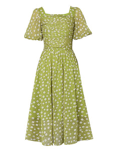 Green Daisy Puff Sleeve Smocking Chiffon 1950S Vintage Dress