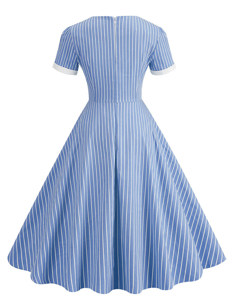 Square Collar Stripe 1950S Vintage Dress, Yellow / M