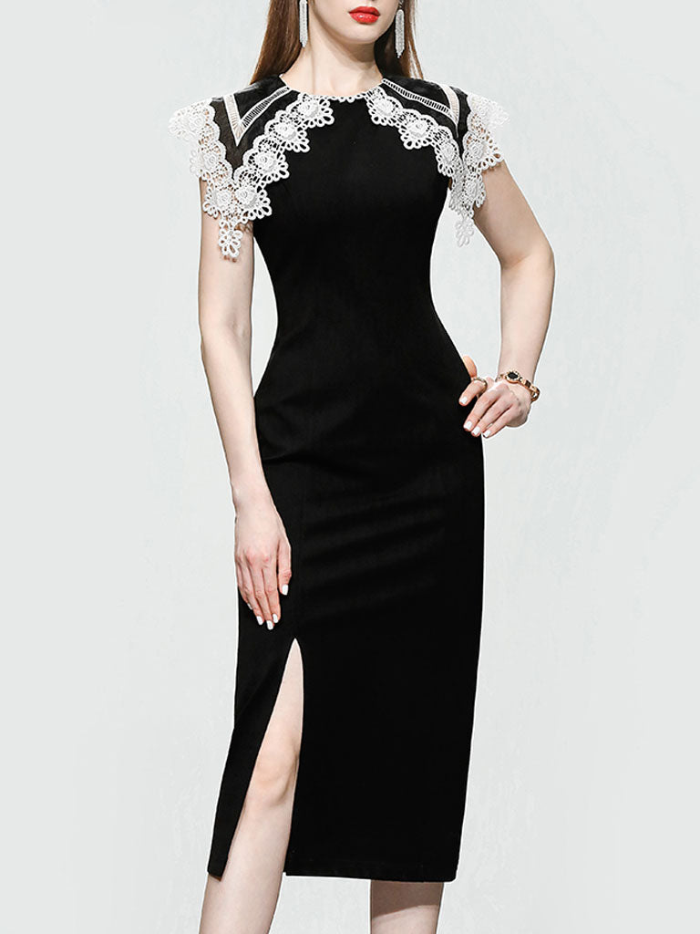 White Big Sweet Lace Collar Sleeveless Bodycon 1960S Black Slit Dress White Big Sweet Lace Collar Sleeveless Bodycon 1960S Black Slit Dress