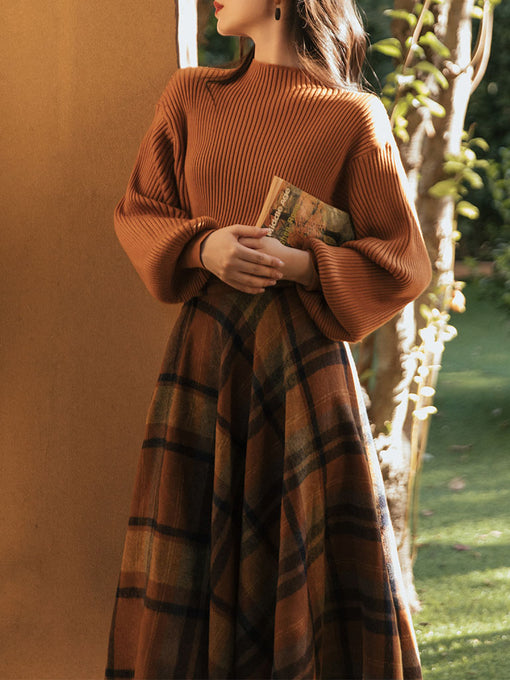 2PS Brown Sweater And Plaid Swing Skirt 1950S Vintage Audrey Hepburn's Style Outfits