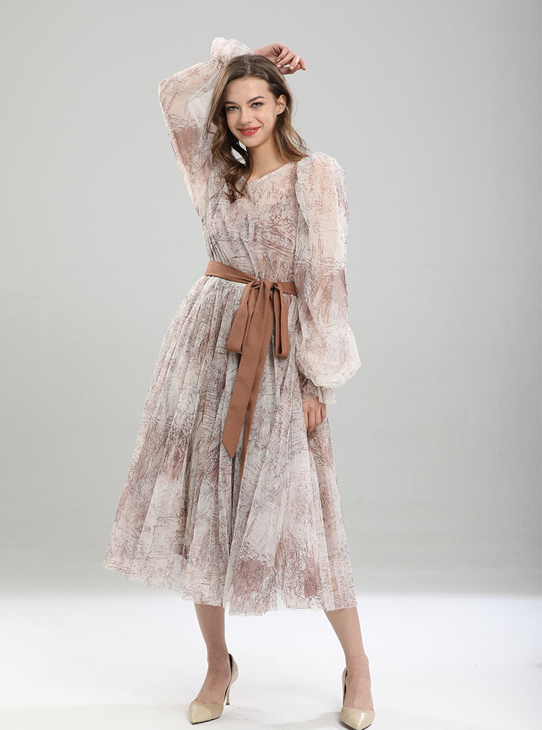 Retro Palace Puffed Sleeves Lace Tulle Print Vintage Swing Dress, Khaki / XL