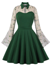 Load image into Gallery viewer, Dark Green Turn Down Flower Embroidered Semi-Sheer 1950S Vintage Dress