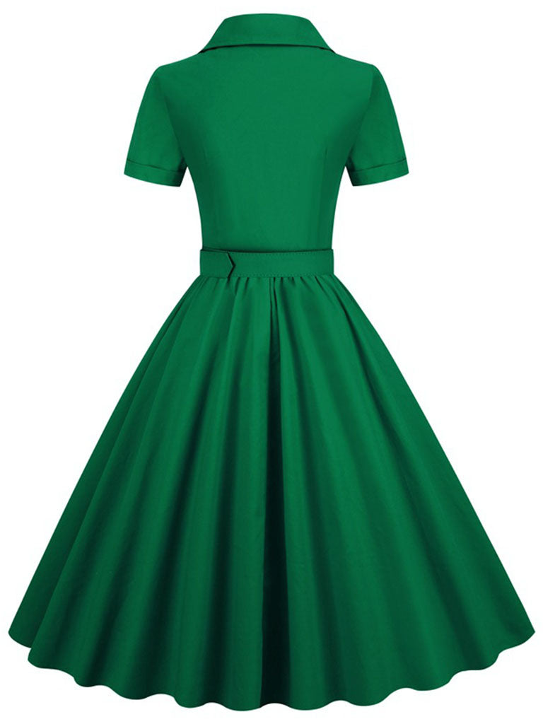 Solid Color 1950s Vintage Shirt Swing Dress, Green / M