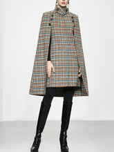 Load image into Gallery viewer, Sweet Brown Plaid Long Sleeve Dress Cape Women&#39;s Coat