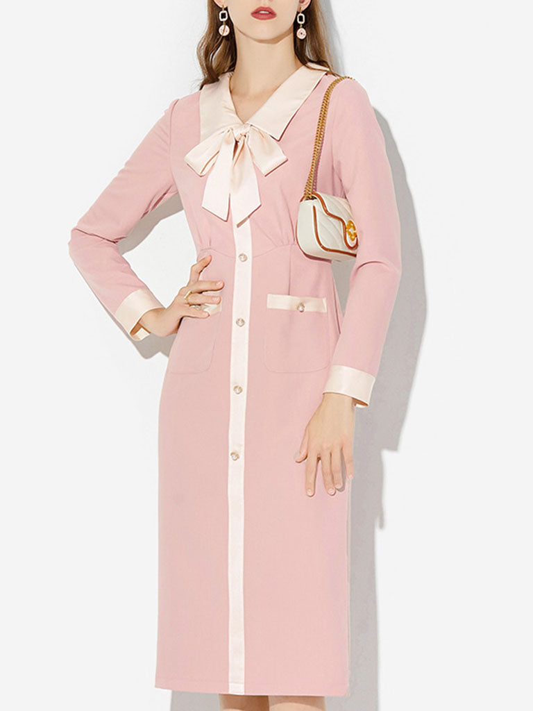 long sleeve 1940s dress Pink Turn Down Collar Long Sleeve 1940S Vintage Dress With Pockets, Pink / S