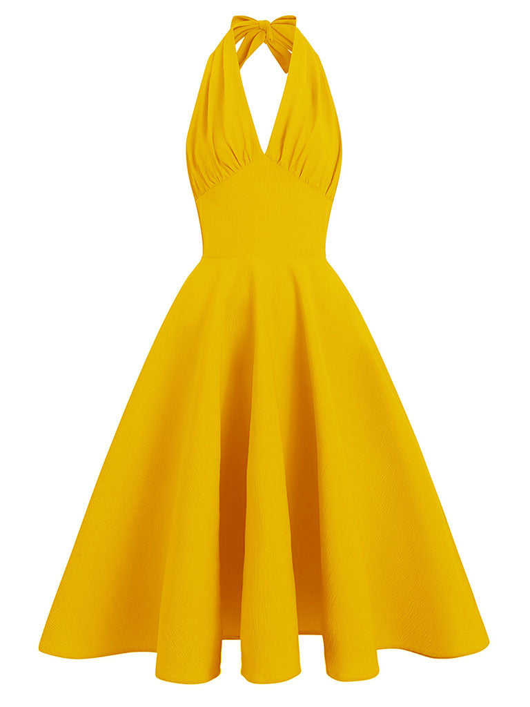 Yellow Halter Backless 1950S Vintage Dress with Headband, Yellow / XL