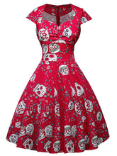 Load image into Gallery viewer, Halloween Red Skull Printed V Neck Vintage Dress