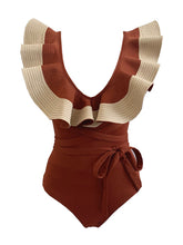 Load image into Gallery viewer, Sailor Style Deep V Neck Ruffles Vintage One Piece Swimwear