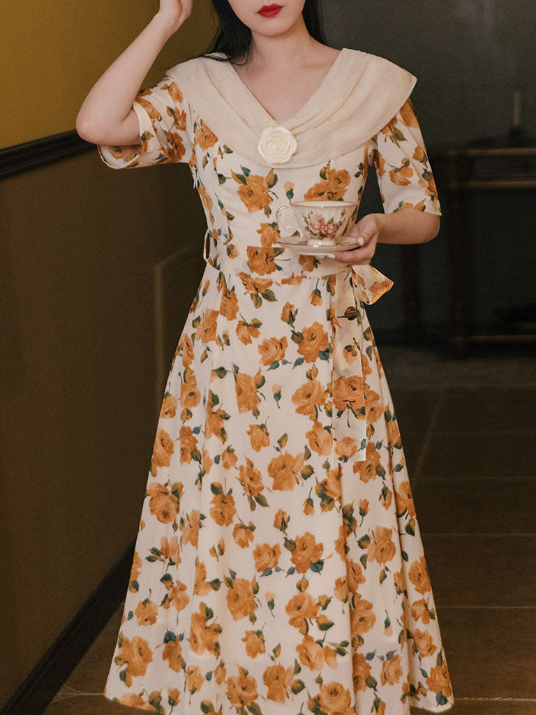 Orange Rose Print Off Shoulder Short Sleeves 50s Chiffon Dress, Orange / M
